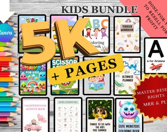 May include: A digital product bundle for kids featuring 5,000+ pages of printable activities, coloring pages, and workbooks. The bundle includes a variety of themes, such as shapes, letters, animals, and nature. The image also includes the text "KIDS BUNDLE", "DONE-FOR-YOU TO RESELL FOR PROFIT", and "MASTER RESELL RIGHTS MRR & PLR".