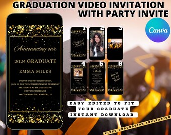 May include: A black and gold graduation video invitation template with the text "Announcing our 2024 Graduate Emma Miles" and details for a graduation party. The template is easy to edit and download.