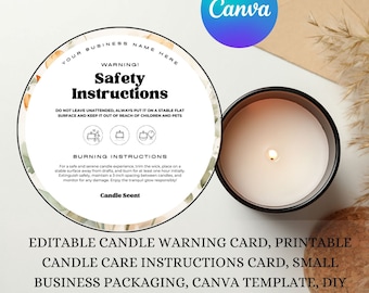 Kerzenwarnkarte, bearbeitbare druckbare Karte für Kerzenpflegeanweisungen, Verpackung für kleine Unternehmen, Canva-Vorlage, DIY-Kerzensicherheitsetikett