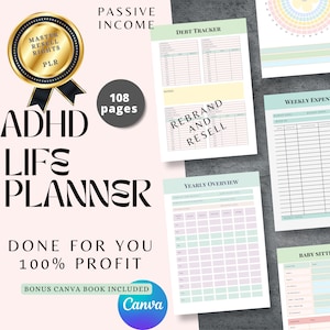 ADHD Life Planner: Adult Productivity, Canva Template (MRR & PLR)