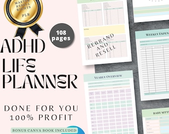 ADHD Life Planner: Adult Productivity, Canva Template (MRR & PLR)