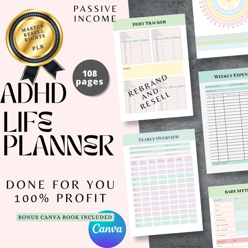 May include: A digital planner for people with ADHD, featuring 108 pages of printable worksheets and trackers. The planner includes sections for debt tracking, rebranding, weekly expenses, and yearly overview. The planner is designed to help people with ADHD manage their finances, time, and goals.