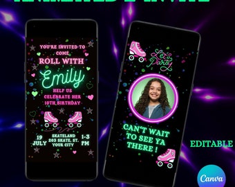 Pode incluir: Um convite digital animado com um esquema de cores rosa e verde neon. O convite apresenta um gráfico de patins e o texto "Você está convidado a vir patinar com Emily. Ajude-nos a celebrar seu 10º aniversário." O convite também inclui a data, a hora e o local do evento.