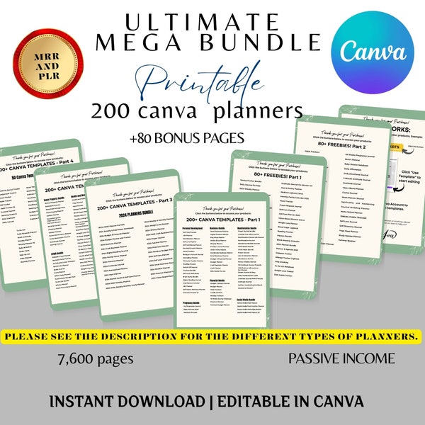 7600+ Pages PLR Canva Template Bundle, 200 Canva PLR Templates, Planners, Journals, Trackers, Printable, Master Resell Rights, PLR Product,