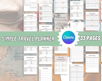 May include: A simple travel planner with 33 pages, featuring sections for flight information, accommodation, and a vacation budget. The planner includes a monthly calendar, packing list, and travel itinerary. The Canva logo is visible.