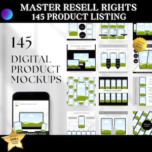 May include: A digital product mockup set with 145 different designs. The mockups feature a variety of devices, including phones, tablets, and laptops. The mockups are perfect for showcasing digital products, such as websites, apps, and ebooks. The set includes a variety of backgrounds and styles, so you can find the perfect mockup for your needs.