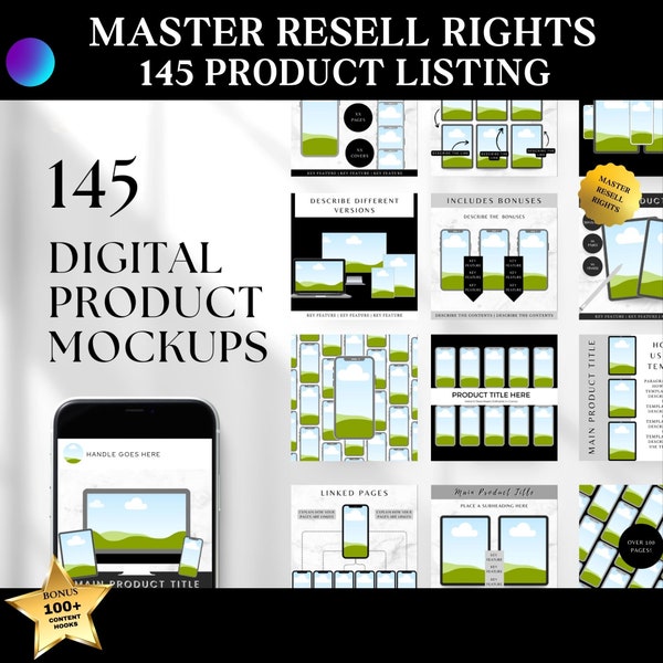 145 Etsy Listing Digital Product Mockups, Canva Device Mockup, Etsy Shop Template, Master Resell Rights,Done for you,Passive income, PLR MRR