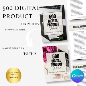 May include: A digital product mockup with a pink floral background. The text on the cover reads "500 Digital Product Ideas" and "Start Earning Passive Income".