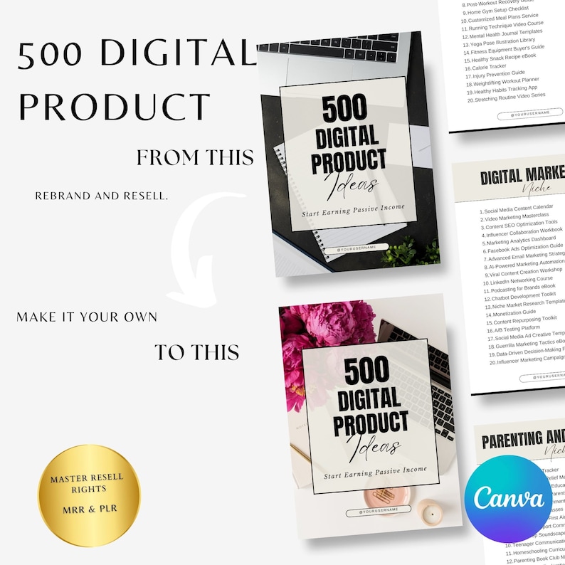 May include: A digital product mockup with a pink floral background. The text on the cover reads "500 Digital Product Ideas" and "Start Earning Passive Income".
