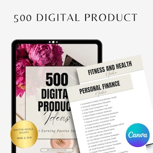 May include: A laptop screen displaying a pink floral background with the text "500 Digital Product Ideas" and a gold button with the text "Master Resell Rights MRR & PLR". Two white papers with the text "Fitness and Health Niche" and "Personal Finance Niche" are visible on the screen. The papers list ideas for digital products in each niche.