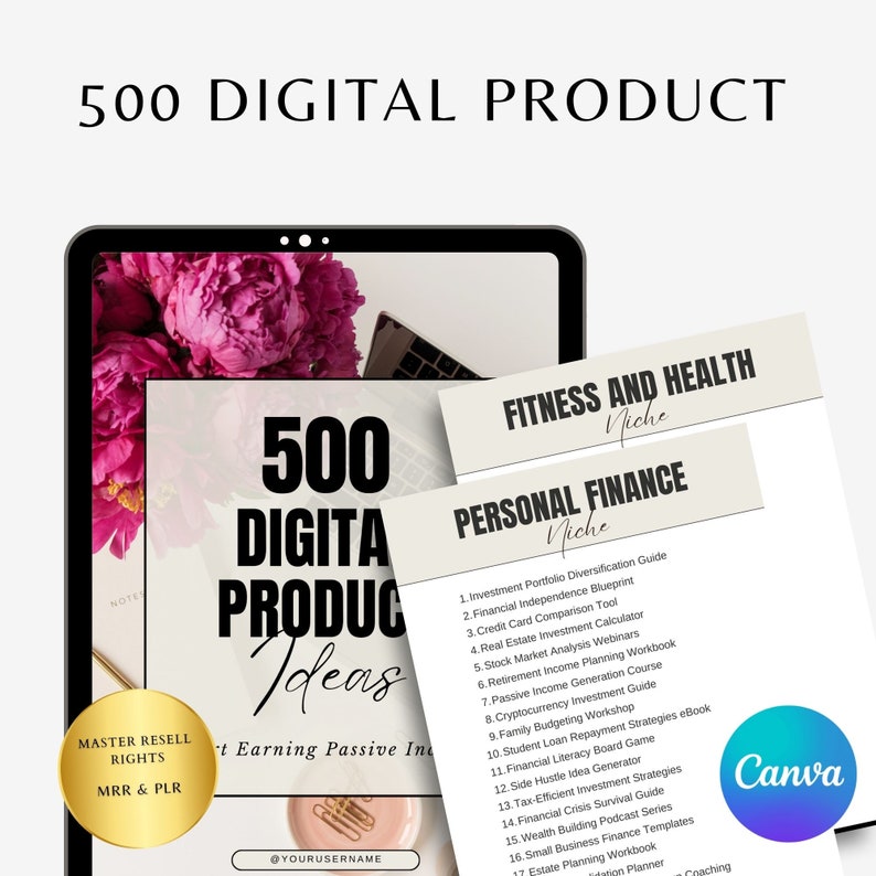 May include: A laptop screen displaying a pink floral background with the text "500 Digital Product Ideas" and a gold button with the text "Master Resell Rights MRR & PLR". Two white papers with the text "Fitness and Health Niche" and "Personal Finance Niche" are visible on the screen. The papers list ideas for digital products in each niche.
