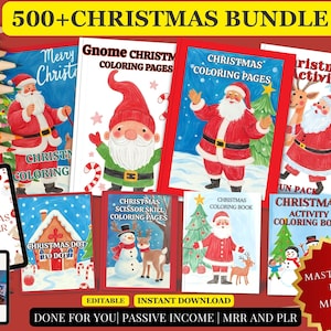 Può includere: Una collezione di libri da colorare e pagine di attività a tema natalizio. Il pacchetto include libri con Babbo Natale, gnomi e scene invernali. È incluso anche un tablet con un pianificatore natalizio 2025 e una guida Canva. Il testo recita "500+ Christmas Bundle".
