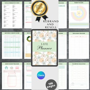 May include: A digital planner with 108 pages featuring a floral design and the text "Life Planner". The planner includes sections for tracking finances, habits, donations, and more.