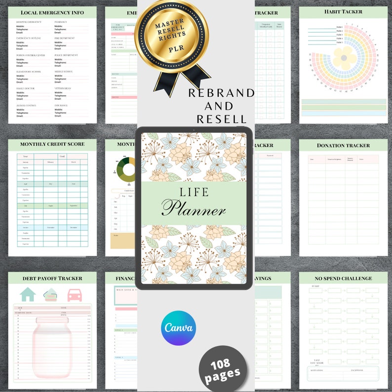 May include: A digital planner with 108 pages featuring a floral design and the text "Life Planner". The planner includes sections for tracking finances, habits, donations, and more.