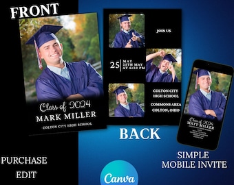 May include: A black and white graduation announcement card with a photo of a graduate in a blue cap and gown. The front of the card says "Class of 2024 Mark Miller Colton City High School". The back of the card has a collage of photos of the graduate and the text "May 25th at 6:30 PM Join Us Colton City High School Commons Area Colton, Ohio".