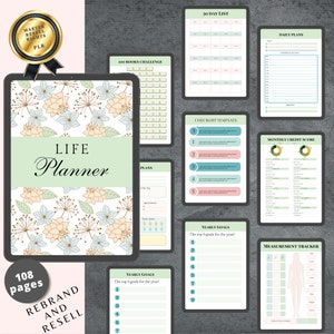 May include: A digital planner with a floral design on the cover. The planner includes sections for daily plans, monthly credit score, yearly goals, and a 30-day list. The text "LIFE Planner" is on the cover.