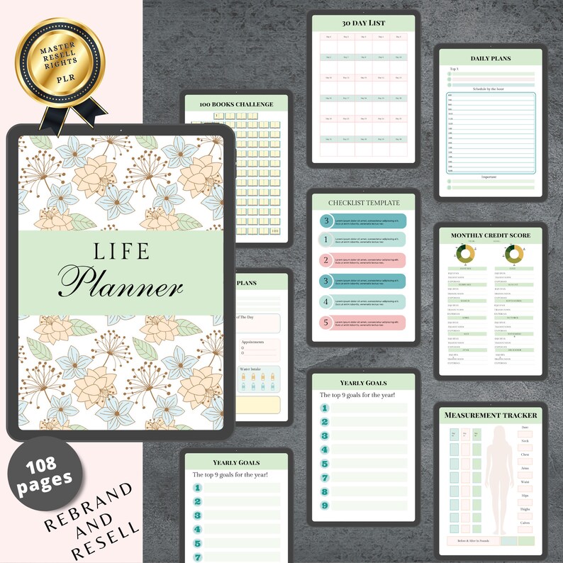 May include: A digital planner with a floral design on the cover. The planner includes sections for daily plans, monthly credit score, yearly goals, and a 30-day list. The text "LIFE Planner" is on the cover.