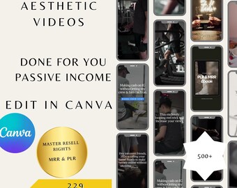 May include: A collage of images showcasing 500+ aesthetic videos for social media. The text "Done for you passive income" and "Edit in Canva" is featured. The image also includes a gold circle with the text "Master resell rights MRR & PLR" and a white circle with the text "229 Faceless Mens Reels".