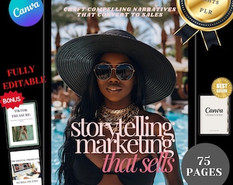Puede incluir: Una portada de producto digital con una mujer que lleva gafas de sol y un sombrero negro, con el texto "storytelling marketing that sells" y "75 páginas".