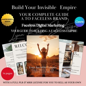 Può includere: Una guida di marketing digitale rosa e bianca con il titolo "Your Invisible Empire: Your Complete Guide to Faceless Brand" e il testo "Master Resell Rights". La guida è aperta a una pagina con una donna con un cappello in piedi con le braccia alzate contro uno sfondo di tramonto. La guida è lunga 76 pagine.