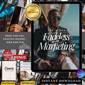 May include: A digital product cover featuring a man in a suit and sunglasses sitting on a boat. The cover text reads "Faceless Marketing Men's Guide" and "PLR & MRR". The cover also includes the text "Done for you | Passive Income | MRR and PLR" and "400+ Bonus Reels (Google Drive)".