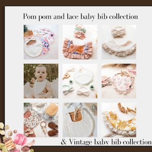 Op de afbeelding: Een collectie baby-slabbetjes met kant en pompoenversiering. De slabbetjes zijn in verschillende kleuren en patronen verkrijgbaar, waaronder bloemen, wit en geel. De afbeelding bevat ook de tekst "Pom pom and lace baby bib collection & Vintage baby bib collection".