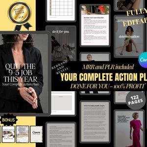 May include: A digital product bundle with the text "QUIT THE 9-5 JOB THIS YEAR" and "YOUR COMPLETE ACTION PLAN." Includes "MRR and PLR included" and "DONE FOR YOU - 100% PROFIT." Features a "MASTER RESELL RIGHTS" badge and bonus materials.