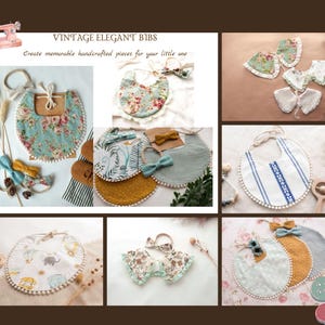 Op de afbeelding: Een verzameling handgemaakte baby-slabbetjes met verschillende patronen en kleuren. De slabbetjes zijn gemaakt van zachte stoffen en hebben een delicate kantversiering. De tekst "Vintage Elegant Bibs" staat bovenaan de afbeelding. De tekst "Create memorable handcrafted pieces for your little one" staat onder de titel.