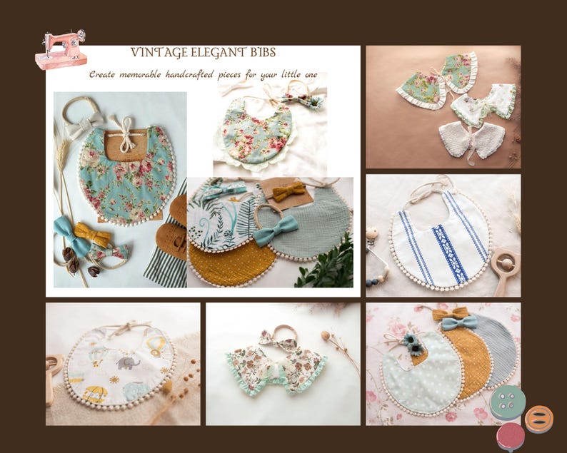 Op de afbeelding: Een verzameling handgemaakte baby-slabbetjes met verschillende patronen en kleuren. De slabbetjes zijn gemaakt van zachte stoffen en hebben een delicate kantversiering. De tekst "Vintage Elegant Bibs" staat bovenaan de afbeelding. De tekst "Create memorable handcrafted pieces for your little one" staat onder de titel.