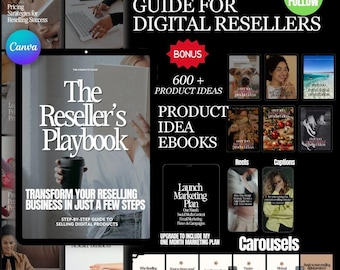 May include: A digital marketing guide for resellers, titled "The Ultimate Guide for Digital Resellers". The guide includes a bonus ebook with 600+ product ideas. The cover of the guide features a person holding a coffee cup and the text "The Reseller's Playbook".