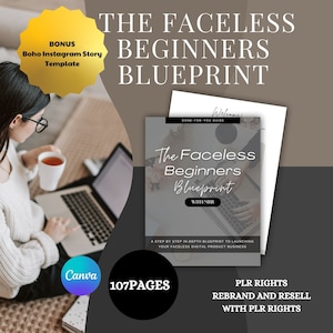 May include: A digital product guide titled "The Faceless Beginners Blueprint" with MRR. The guide is 107 pages long and includes PLR rights to rebrand and resell. The guide is shown on a laptop screen with a woman sitting in front of the laptop.
