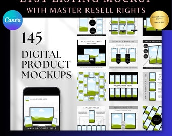 May include: A digital product mockup template for Etsy listings. The image features a variety of mockups for phones, tablets, and laptops. Text includes "145 Digital Product Mockups" and "Canva Template". The image also includes the text "Etsy Listing Mockup with Master Resell Rights".