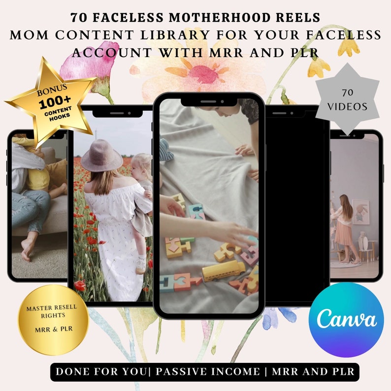 K&ouml;nnte beinhalten: Eine Sammlung von 70 Gesichtslosen Mutterschafts-Reels f&uuml;r soziale Medien, die eine Mutter und ein Kind in verschiedenen Umgebungen zeigen. Die Reels sind f&uuml;r die Verwendung auf Plattformen wie Instagram und TikTok konzipiert. Das Bild enth&auml;lt au&szlig;erdem einen Bonus von &uuml;ber 100 Content-Hooks und Master-Weiterverkaufsrechten.