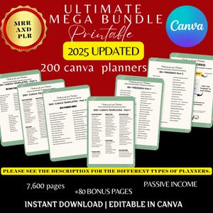 7600+ Pages PLR Canva Template Bundle, 200 Canva PLR Templates, Planners, Journals, Trackers, Printable, Master Resell Rights, PLR Product,