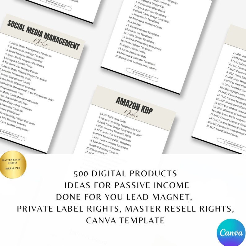 May include: A digital product mockup with the text "500 Digital Products Ideas for Passive Income Done for You Lead Magnet, Private Label Rights, Master Resell Rights, Canva Template" in a white font on a beige background. The image shows a variety of digital products for sale, including social media management templates, Amazon KDP templates, and user-generated content (UGC) templates.
