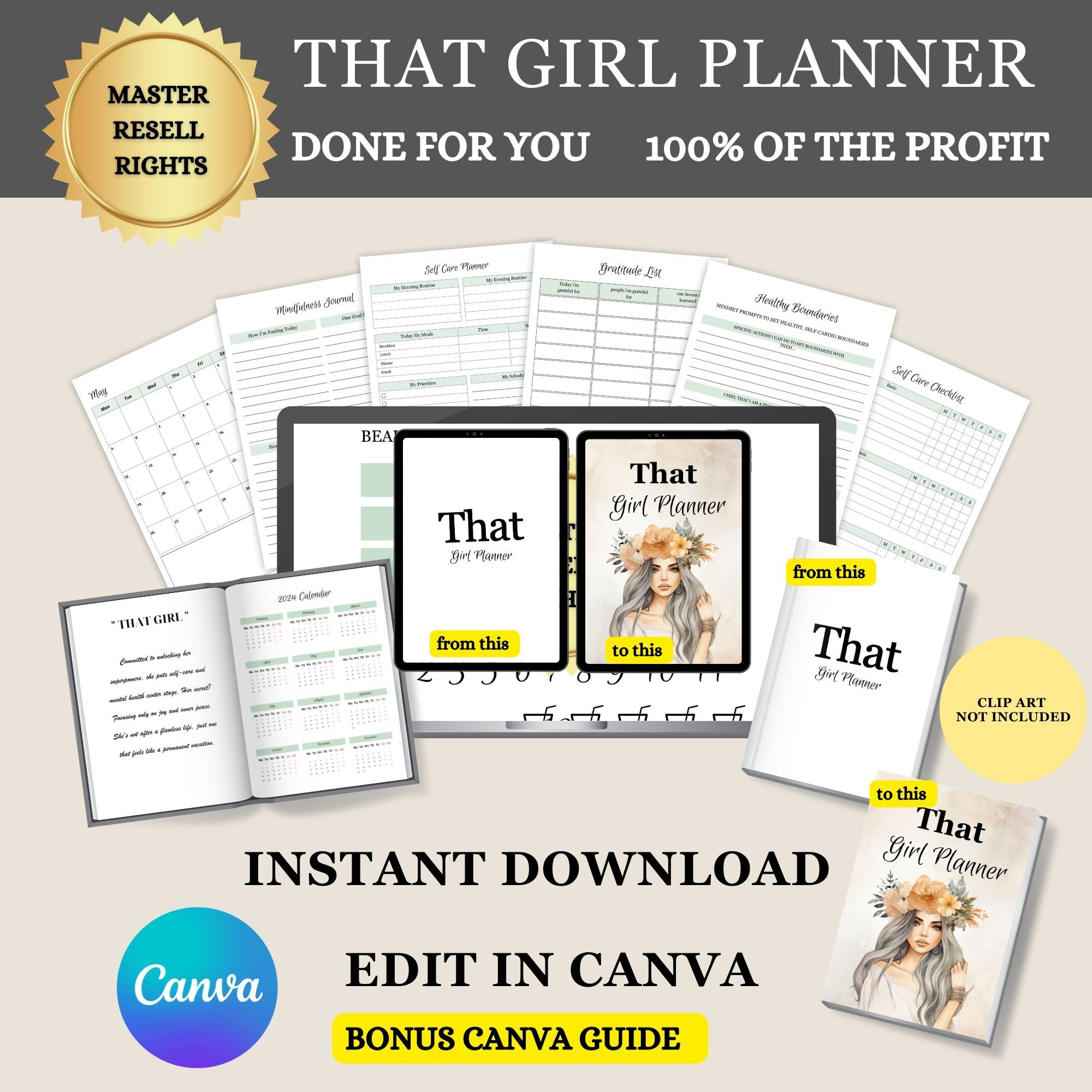 store product block That Girl PLR Planner Bundle, Resell Rights Canva Journal, MRR Digital Planner, Passive Income Opportunity poster
