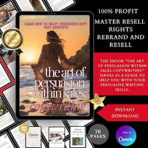Pode incluir: Uma capa de produto digital com uma mulher em pé numa praia ao pôr do sol. A capa apresenta o texto "The Art of Persuasion Within Sales Copywriting". A capa também inclui uma estrela dourada com o texto "Bonus 100+ Copywriting Templates".