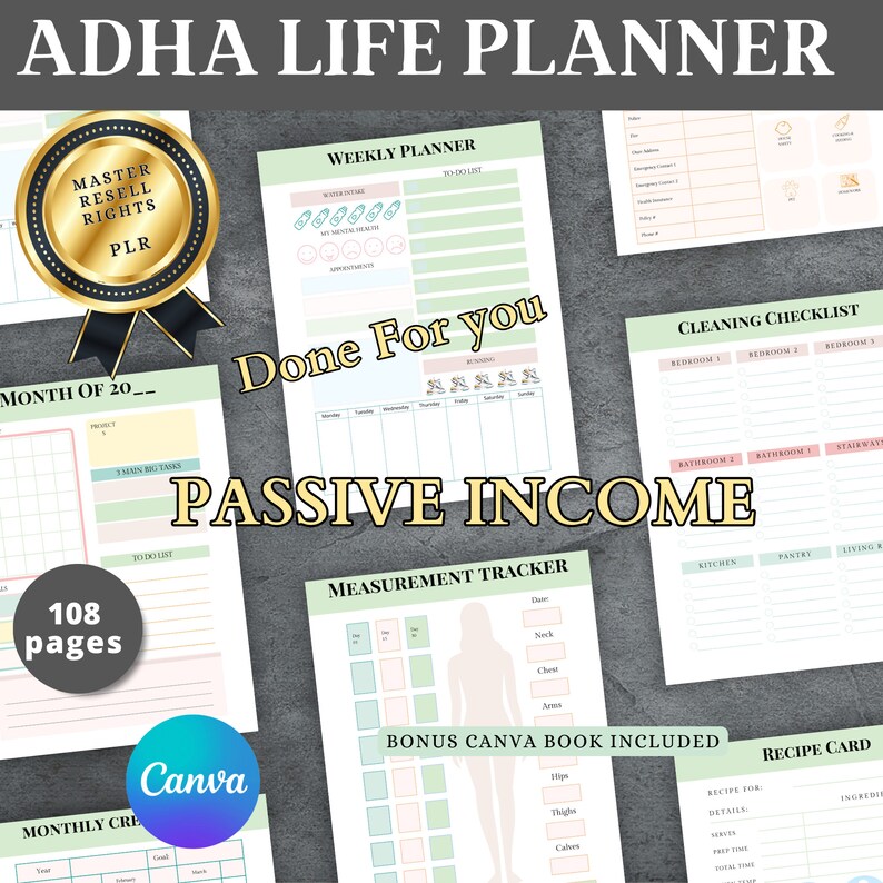May include: A printable planner with a green and pink color scheme. The planner includes sections for weekly planning, monthly planning, cleaning checklists, measurement tracking, and recipe cards. The text "Done For You" and "Passive Income" are featured on the planner pages. The planner is 108 pages long.