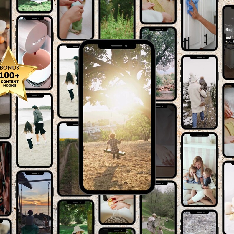 K&ouml;nnte beinhalten: Eine Collage von Bildern auf einem Smartphone-Bildschirm, die verschiedene Szenen zeigen, darunter ein Kind auf einer Schaukel, eine Familie, die im Schnee spaziert, eine Person, die eine wei&szlig;e Oberfl&auml;che reinigt, und eine Familie, die auf einem Sofa sitzt und einen Laptop betrachtet.