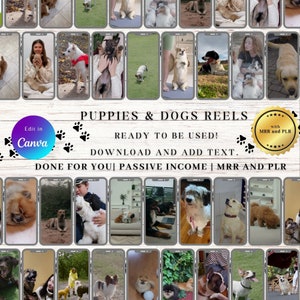 May include: A collage of images featuring puppies and dogs in various settings. The images are arranged in a grid pattern on a wooden background. The text "Puppies & Dogs Reels" is displayed at the top of the collage, along with the text "Ready to be used! Download and add text. Done for you | Passive Income | MRR and PLR".