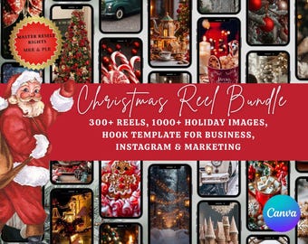 May include: A festive Christmas Reel Bundle graphic with a Santa illustration and a red banner. The banner reads "Christmas Reel Bundle" and lists features like 300+ reels and 1000+ holiday images for Instagram and marketing.