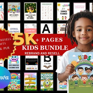 Könnte beinhalten: Ein rotes Banner mit dem Text "5K+ Pages Kids Bundle" und "Rebrand and Resell" in weißer Schrift. Das Banner befindet sich vor einer Collage aus bunten, druckbaren Arbeitsblättern für Kinder. Die Blätter beinhalten Malvorlagen, Alphabet- und Zahlenaktivitäten sowie Sommerplanerseiten. Der Text "Master Resell Rights MRR & PLR" befindet sich in einem roten Kreis in der linken unteren Ecke des Bildes.