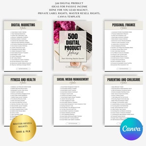 May include: A Canva template with a pink and white background featuring a laptop and flowers. The text "500 Digital Product Ideas" is displayed in a black box. The template is divided into 6 sections: Digital Marketing, Personal Finance, Fitness and Health, Social Media Management, Parenting and Childcare, and Master Resell Rights. Each section lists 20 digital product ideas.