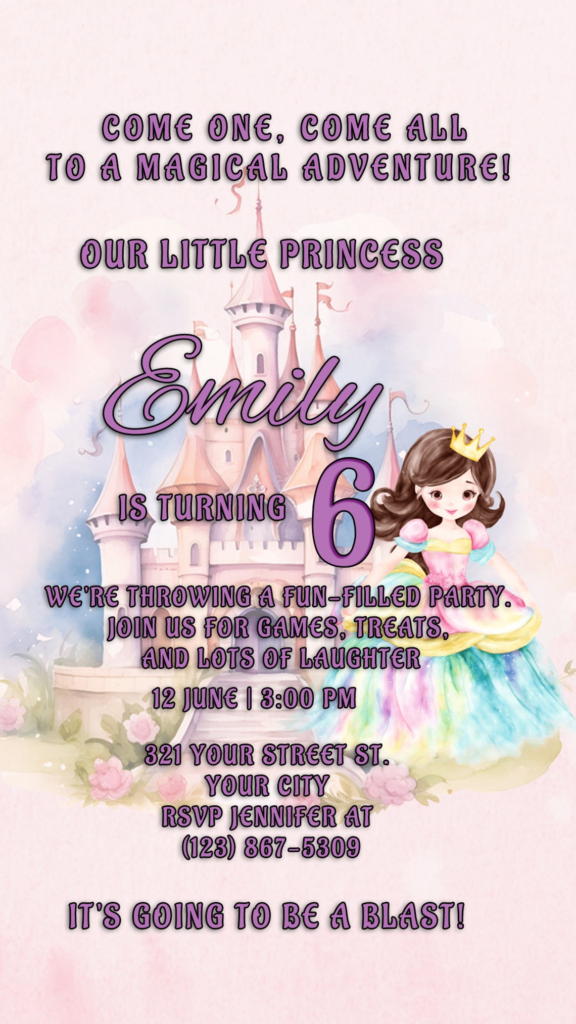 Printable Princess Birthday Card Template 5x7 Editable Photoshop ...