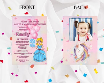 Mädchen Prinzessin zweite Geburtstagseinladung, bearbeitbar, Prinzessin Bday Party Thema, Canva bearbeitbar, Fotokarte, elektronische Einladung, 3 Auswahlmöglichkeiten