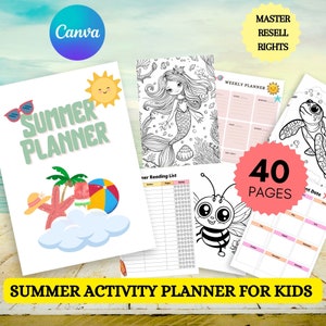 Planejador de verão para crianças Planejador personalizado para crianças, organizador divertido, rastreador de atividades, agendador personalizável, direitos de revenda mestre do canva