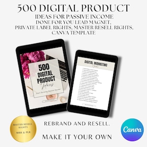 May include: A digital product mockup with a pink floral background and the text "500 Digital Product Ideas" on the cover. The mockup shows a laptop computer and a list of digital marketing ideas. The text "Start Earning Passive Income" is also included on the cover. The text "Master Resell Rights, MRR & PLR" is displayed in a gold circle. The text "Rebrand and Resell. Make it Your Own" is displayed in black text. The Canva logo is displayed in a purple circle.