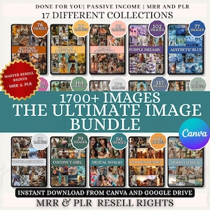 Può includere: Grafica promozionale per un pacchetto di immagini con 17 raccolte e oltre 1700 immagini. L'immagine presenta vari temi estetici, tra cui Autunno, Inverno e Boho Coastal. Il testo include "MRR & PLR Resell Rights" e "Download istantaneo da Canva e Google Drive."