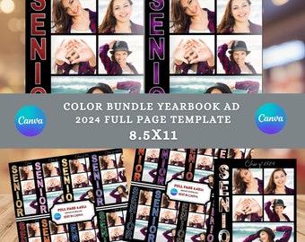 May include: A colour bundle yearbook ad template for the class of 2024. The template is 8.5x11 inches and features a collage of photos with the word "Senior" in various colours and styles. The template is designed to be used in Canva.