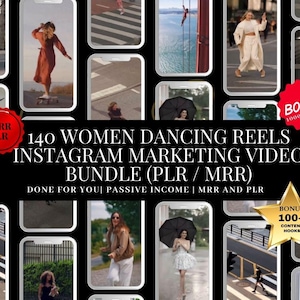 Op de afbeelding: Een promotieafbeelding met meerdere smartphoneschermen met dansende vrouwen. De tekst luidt "140 WOMEN DANCING REELS INSTAGRAM MARKETING VIDEO BUNDLE (PLR / MRR)" met bonusaanbiedingen. De afbeelding is bedoeld voor marketing en contentcreatie.